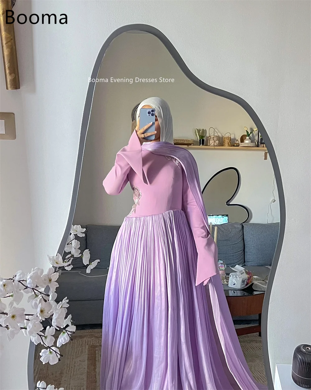 Booma فساتين أنيقة على شكل حرف a مطوي كم طويل رداء حفلات رسمي للنساء فستان حفلات بسيط في المملكة العربية السعودية تخصيص 2025