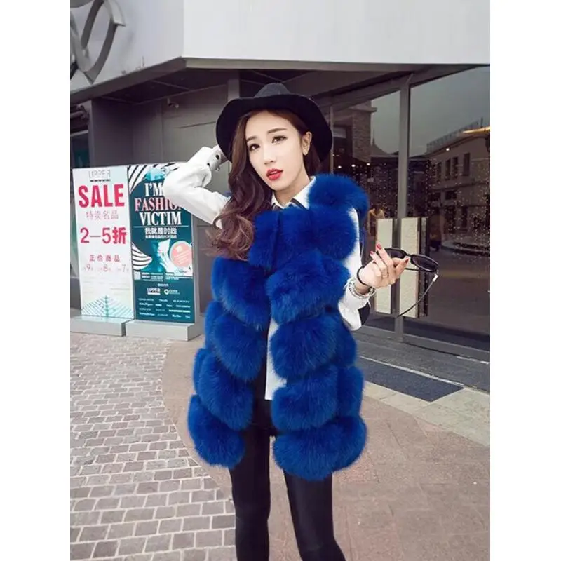 Women Faux Fox Fur Vest Mid Length Sleeveless Fluffy Gilet Open Front Winter Warm Luxury Party Outerwear