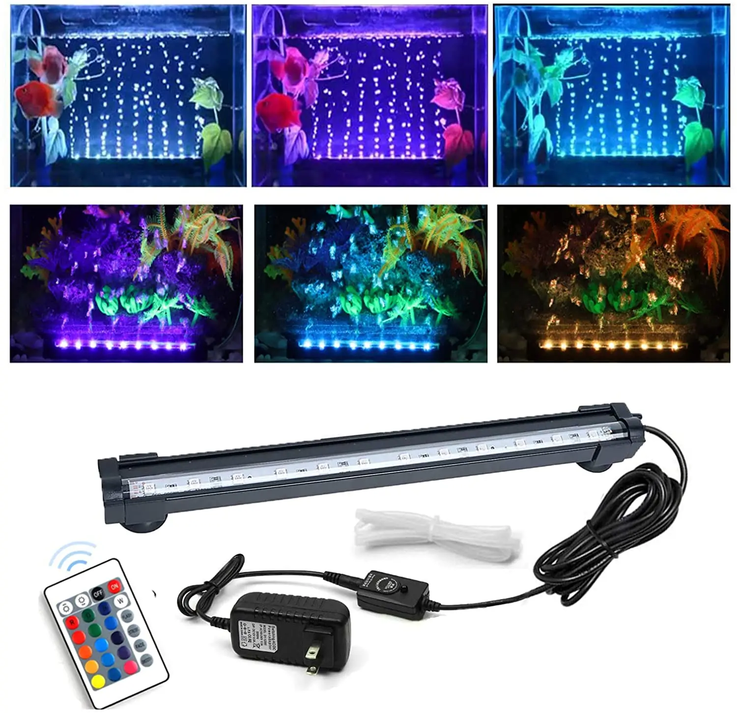 

Fish Tank Light with Bubble Hole, RGB LEDs, 16 Colors and 4 Modes, IP68 Waterproof LED Aquarium Light with Remote Control