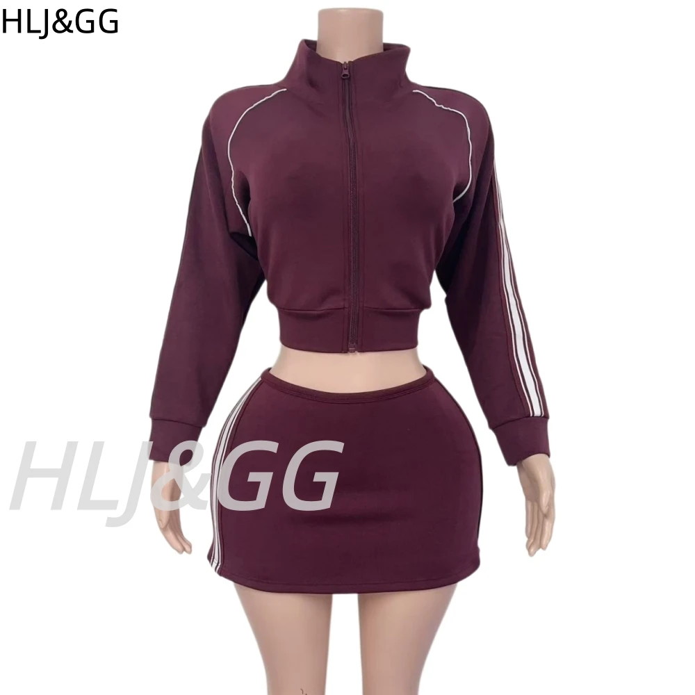 HLJ&GG Women Two Piece Set Tracksuit Zip Up Long Sleeve Crop Top And High Waist Mini Skirts Casual Sporty Outfits Streetwear New - view 5
