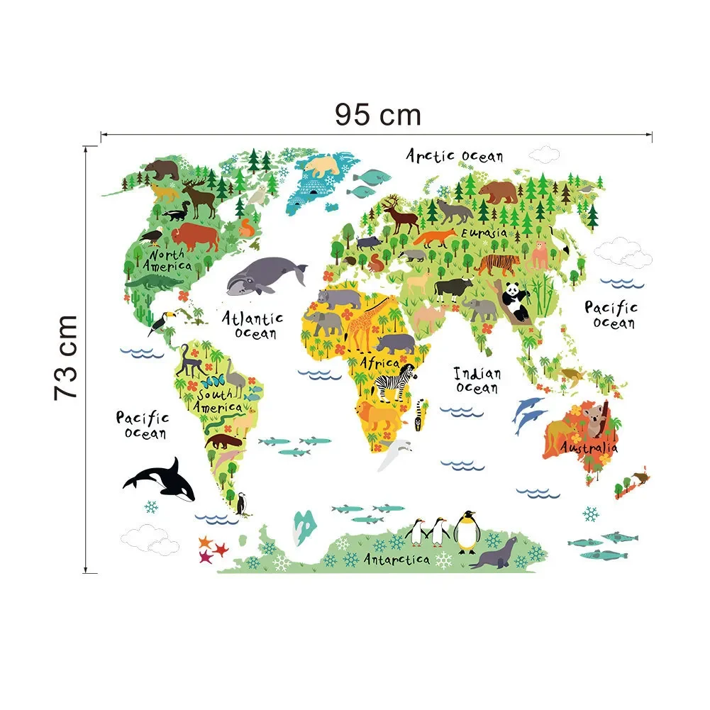 Animals World Map DIY Wall Stickers for Boys Children Bedroom Kids room Removable Wall Decor Sticker for Kindergarten Classroom
