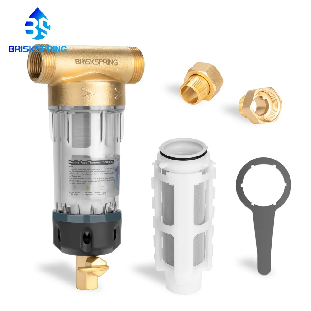 BriskSpring Spin Down Sediment Filter 100/300 Micron Whole House Water Filter System Back Flush Pre-Filtration For RV, BPA Free