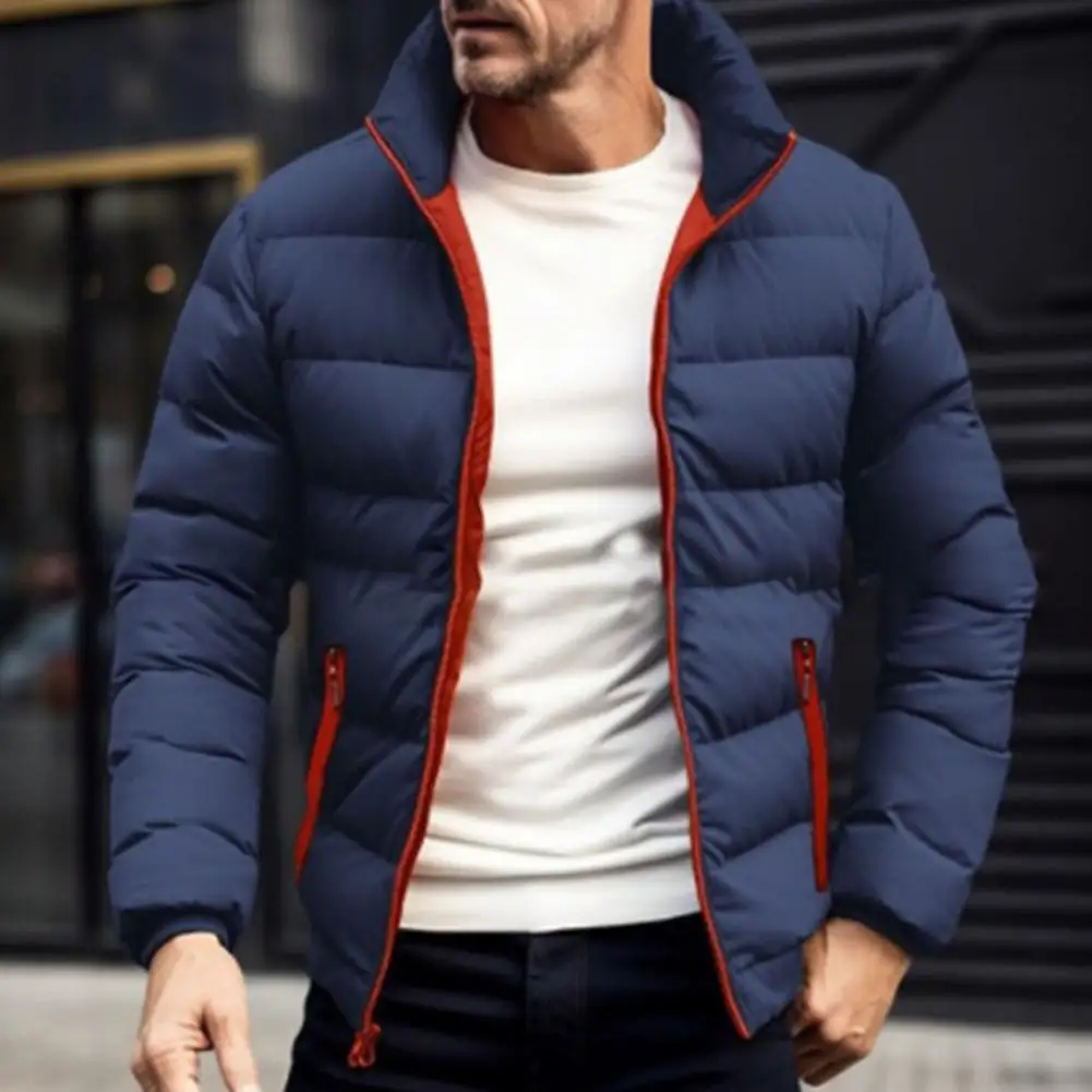 Down Coat with Full Zipper Closure Men's Stand Collar Down Coat with Side Zipper Pockets Solid Color Full for Outdoor for Long