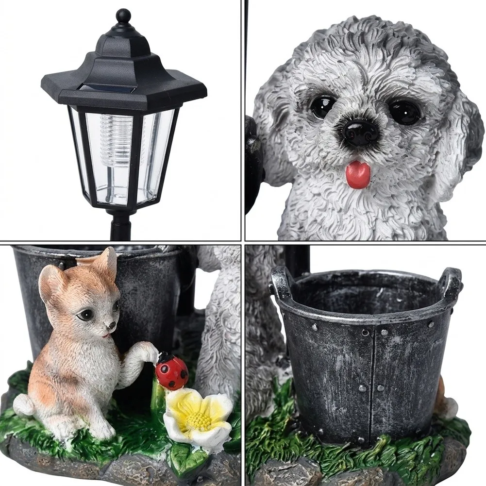 for Solar for Garden Light Resin Animal Statue for puppy Cat Cow 19x20x31.5cm Gray Outdoor Decoration with Day Charge Night Glow