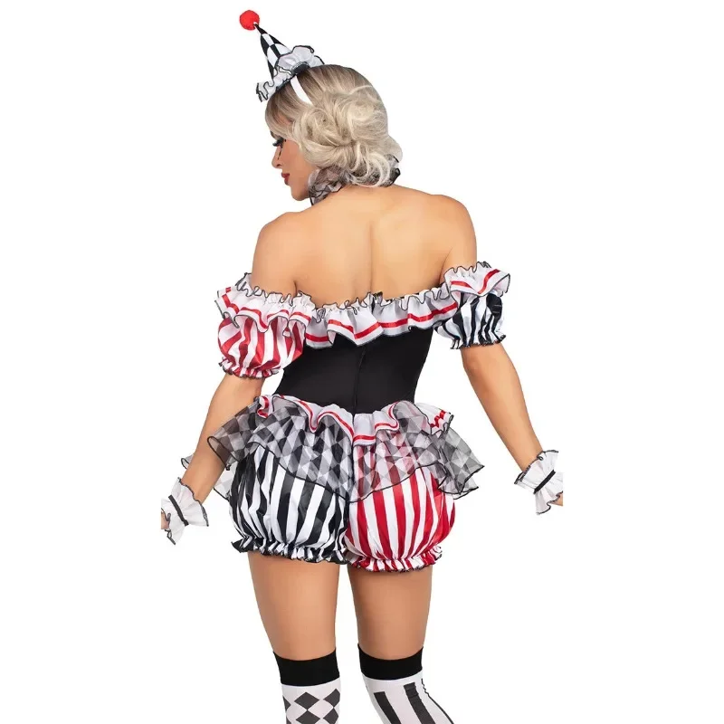 Damen Clown Cosplay Kostüm Zirkus-Auftrittsoutfit Rollenspiel-Uniform Halloween-Party Karneval Narren-Kleid Theater Bühnenkostüm