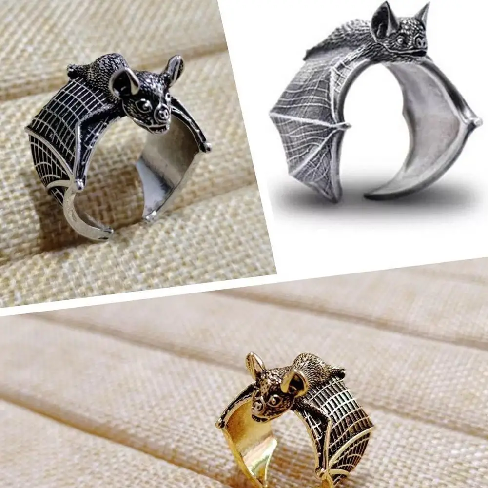 Halloween Vintage Bat Design Rings Women Men Adjustable Opening Rings Punk Finger Rings Halloween Party Cosplay Jewelry Gifts