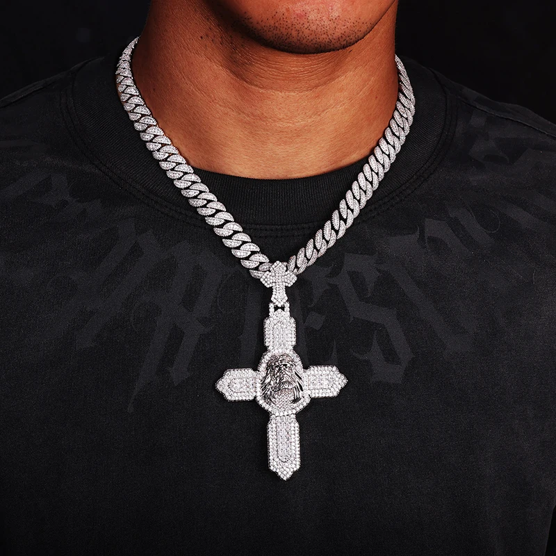 Hip Hop Moissanite Paved Bling Iced Out JESUS PIECE Double Cross Pendants Necklaces for Men Rapper Jewelry Gold Silver Color