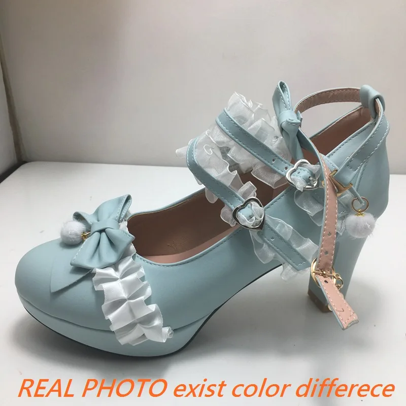 REAVE CAT Design Women Pumps Round Toe Ultrahigh Heel 9cm Buckle Strap Lace Bowknot Sweet Lolita Girls Shoes 44 45 46