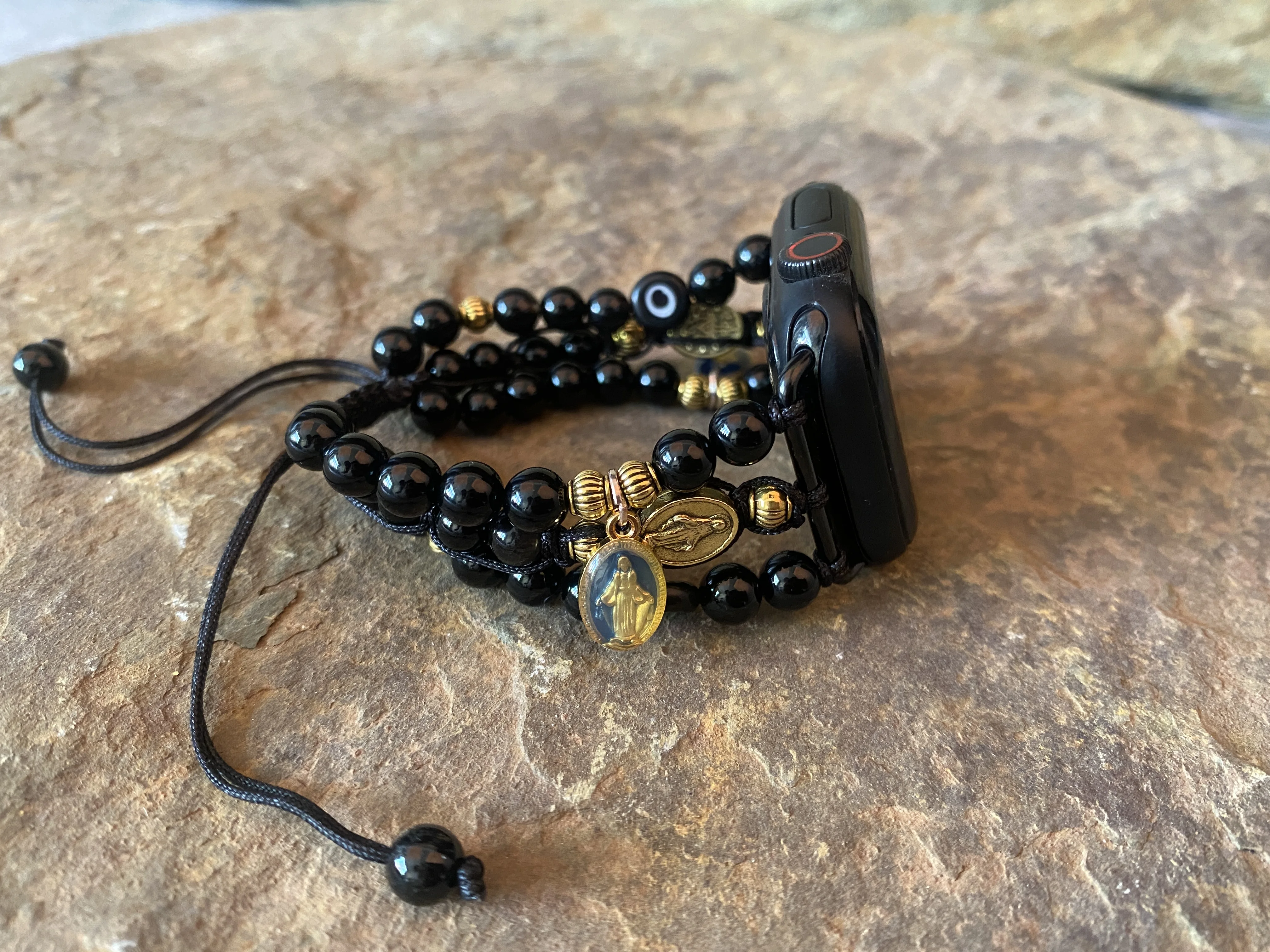 Miraculous Medal Black Onyx Evil Eye Beaded Apple Watch Band 38mm 40mm 41mm 42mm 44mm 45mm Apple Watch Strap Iwatch Armband