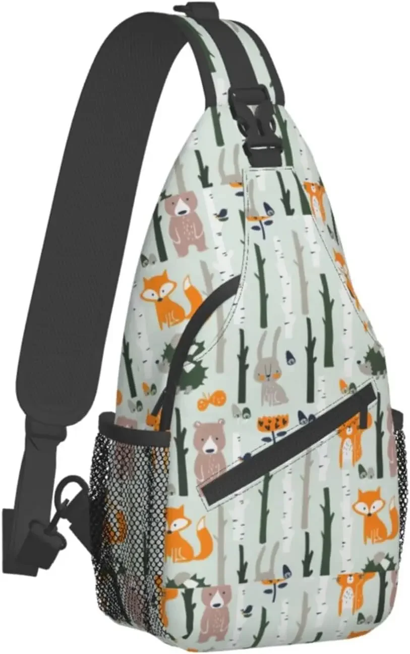 Cute Fox Bear Bird Tree Cross Chest Bag Diagonally Travel Backpack, Light Travel, Hiking Single Shoulder 