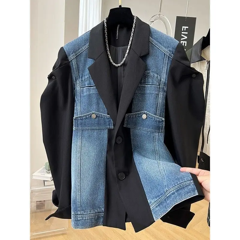 تصميم فريد من نوعه فضفاض الراقية دعوى طوق الدنيم المرقعة المحكمة Sve Jaet المرأة ort ملابس خارجية موسم الربيع مادة البولي يوريثان