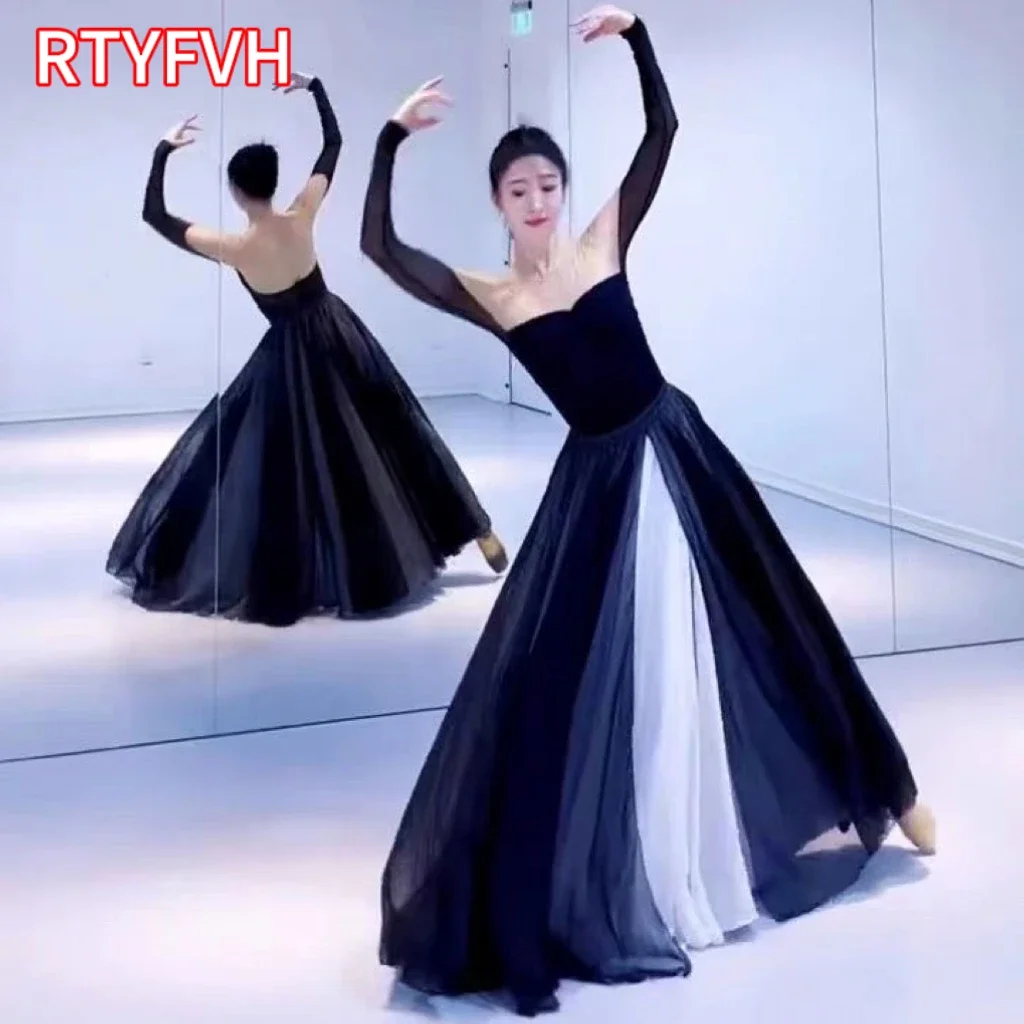 

White Moonlight 720 Degrees Classical Dance Black and White Double layered Chinese Style Swinging Skirt Dance Dress