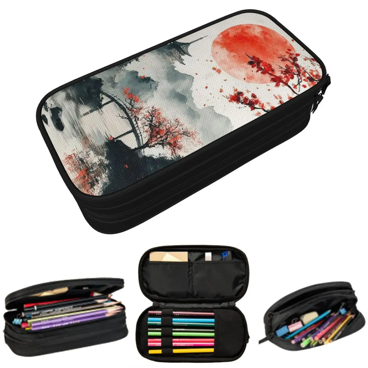 

Red Sun And Mountain Ink Painting Pencil Case for Boy Girl Gifts Pen Box Pencil Bag Stationery Supplies Pen Holder Bag