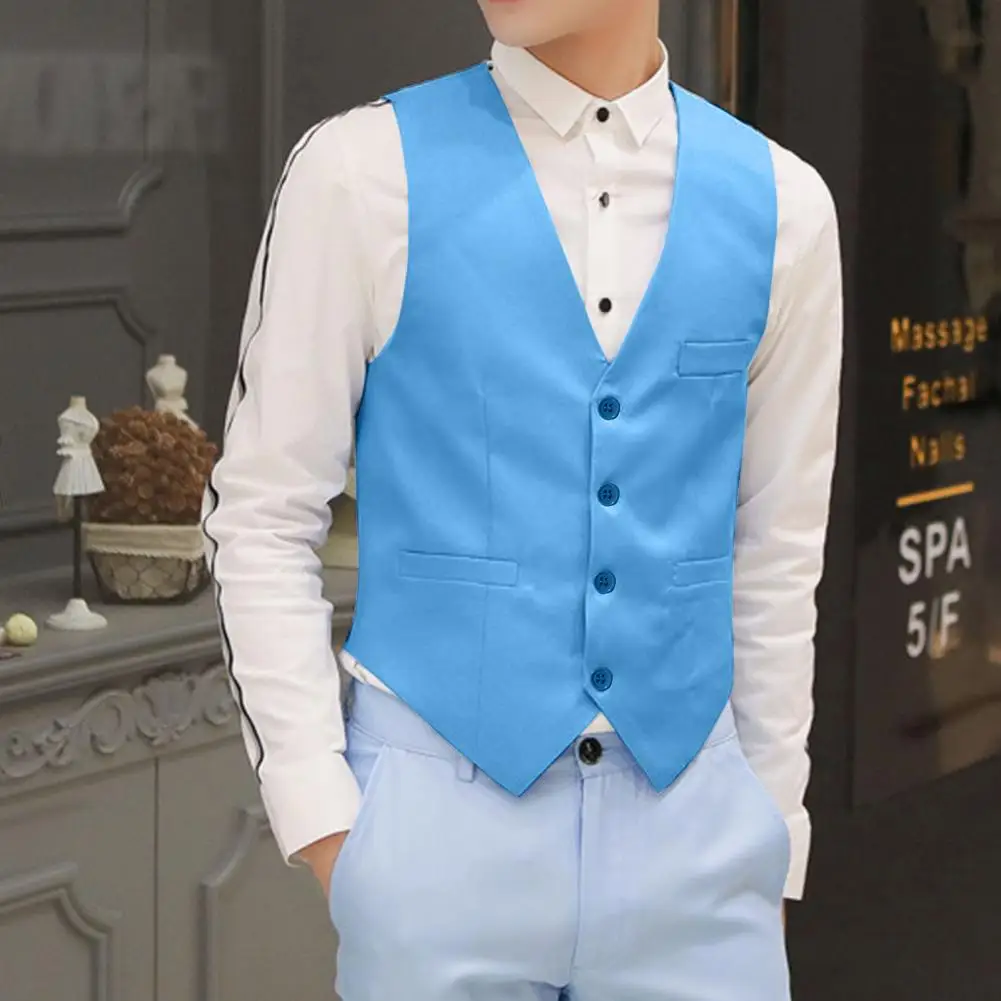 Trendy  Waistcoat Split Slim Spring Vest Solid Color V Neck Male Waistcoat for Work