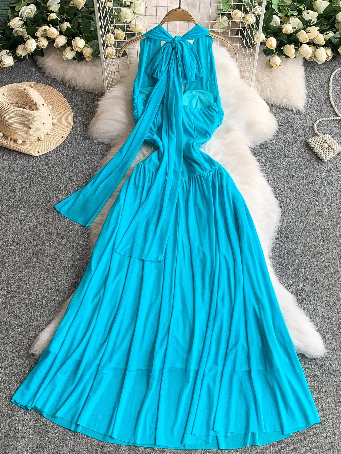 Ele bleu Long Dr femmes été Vaion Sle diamant décoré taille cintrée fée a-ligne Dr coréen Sle