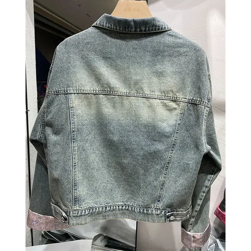 Imagem -02 - Cabolsa Curto Vintage de Vaqueira Feminino Moda Estilo Chinês Lapela Bordada Jaqueta Jeans Larga Tamanho Grande Tops Primavera Outono Novo