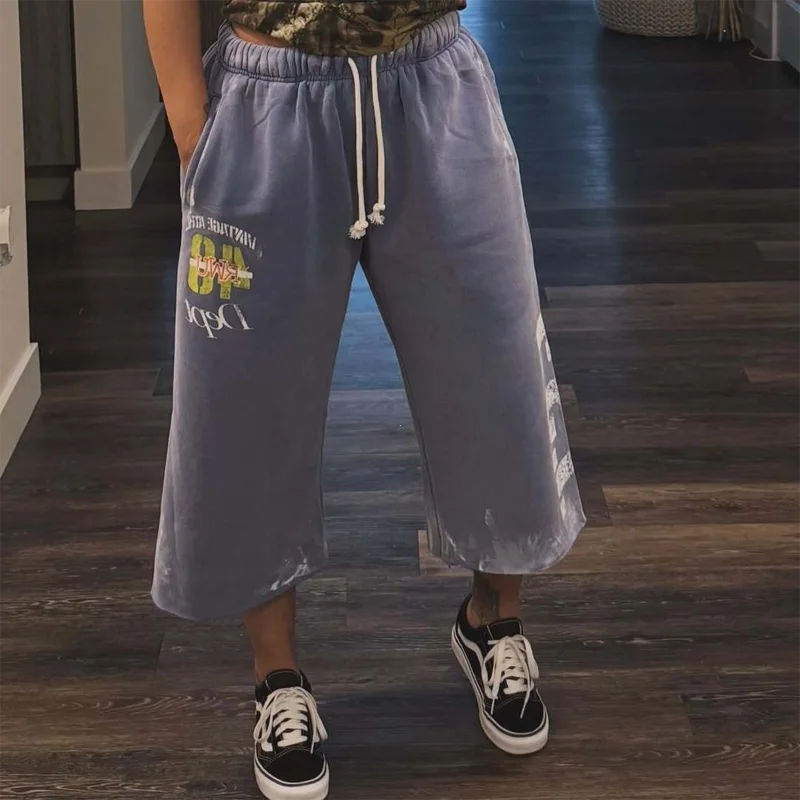 Herren Damen Gewaschene blaue Jogginghose, lockere, lässige lange Hose, Shorts, Grafik- und Buchstabendruck, Kordelzug, Streetwear, Y2K-Mode – Detail 6