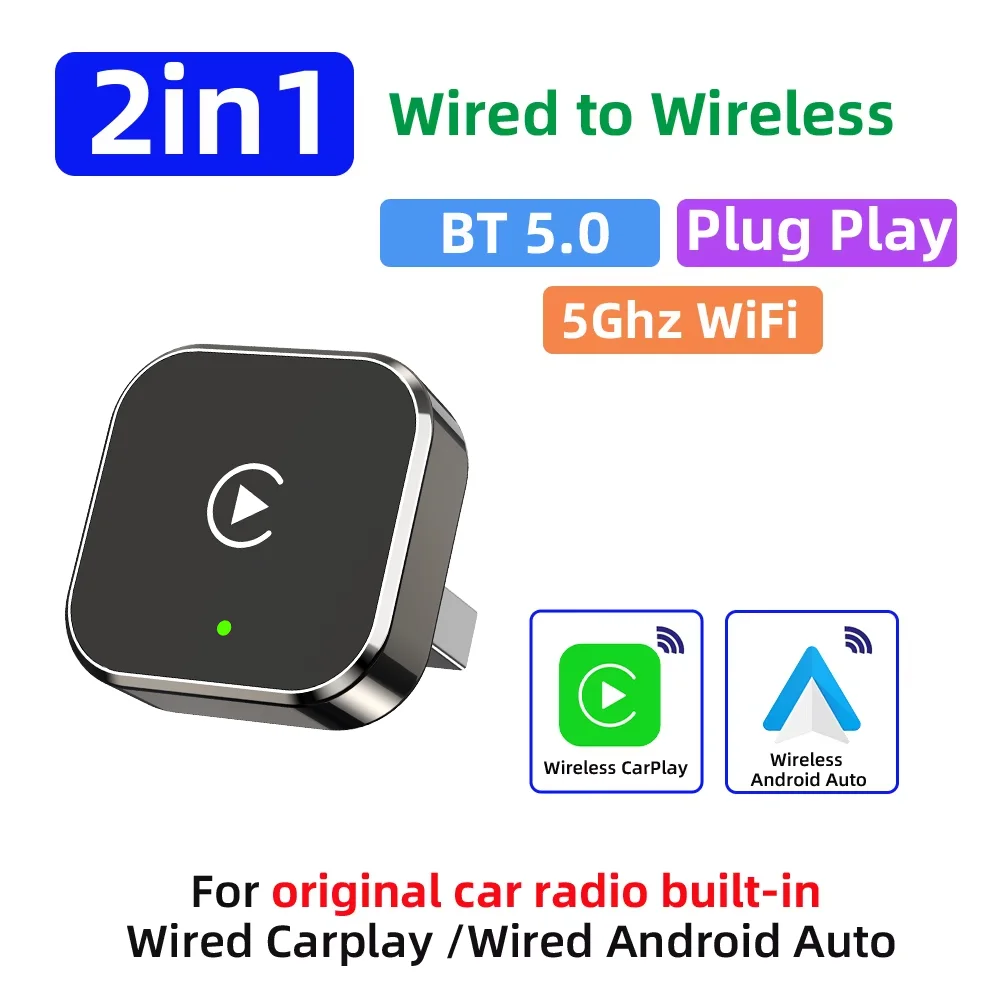 2026 2 in 1 Wired to Wireless Android Auto CarPlay Adapter AI Smart Box Car Intelligent Systems Plug and Play for Toyota Volvo