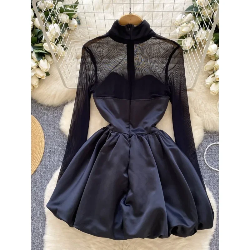 New Fashion Vintage Black Mini Dress Women Slim Perspective Mesh Long-sleeved Stitching Tight Waist Puffy Bud Dress Vestidos