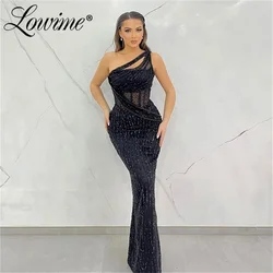 Black Beaded Sequined One Shoulder Party Dress 2024 Customize Mermaid Birthday Prom Dresses Robes De Soirée Arabic Evening Gowns