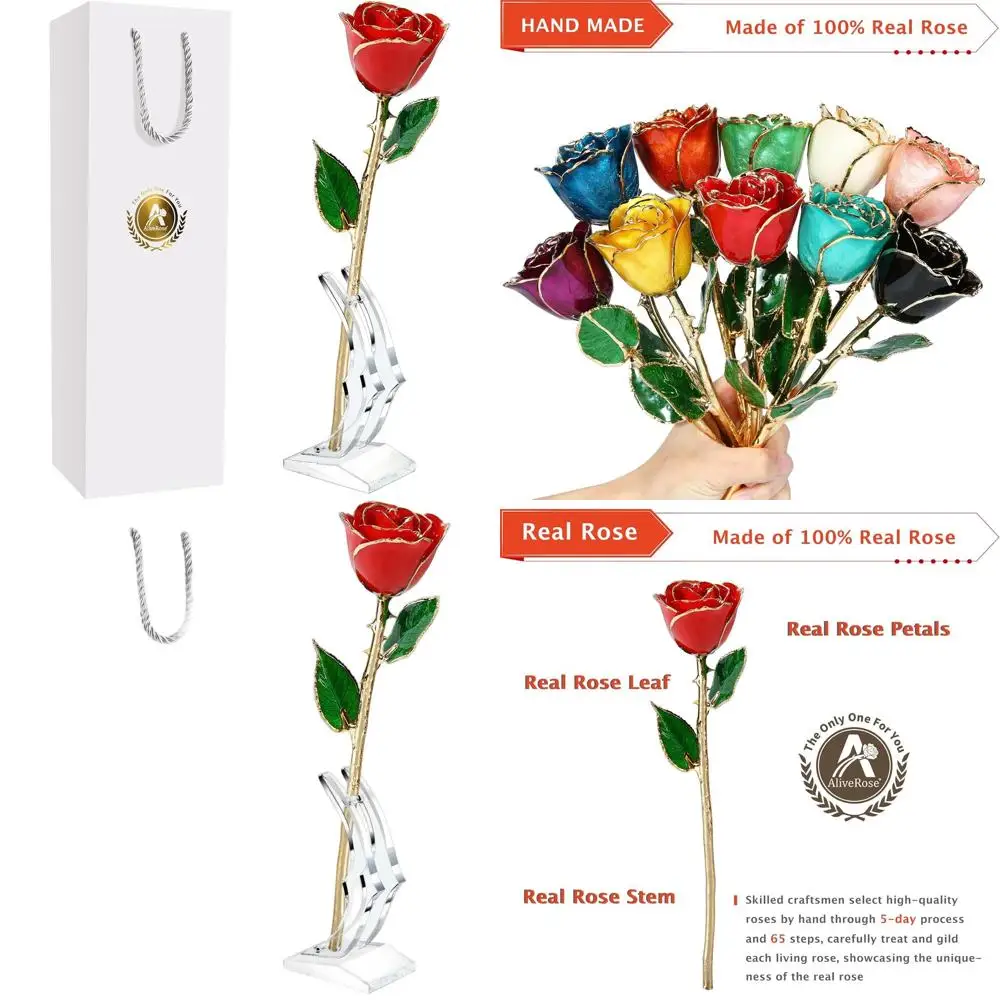 Rosa Bañada en Oro Real de 24K - Exquisito Regalo Hecho a Mano para Aniversarios, San Valentín, Día de la Madre, Cumpleaños (Roja con Base)