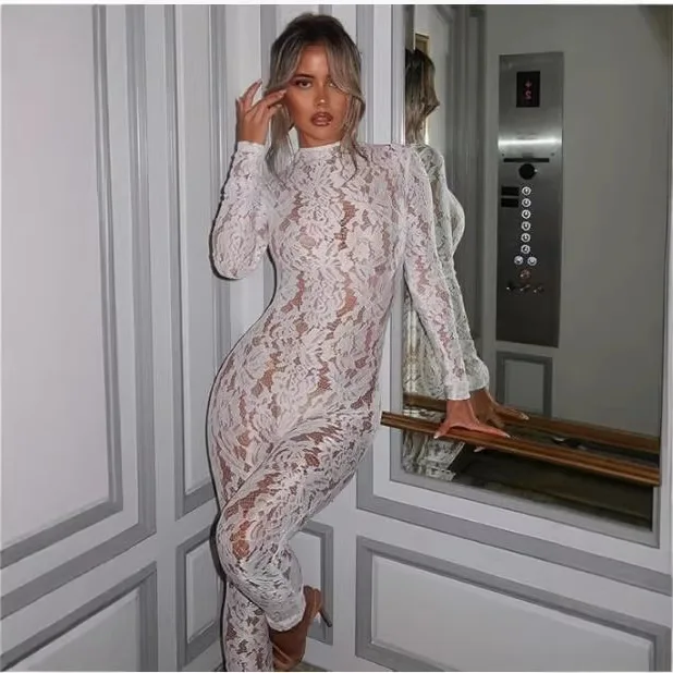 

Сексуальный кружевной комбинезон для женщин, прозрачный комбинезон с длинными рукавами и молнией на спине, модный комбинезон с высокой талией в стиле хипстер.