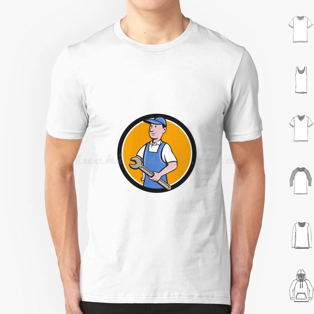 Repairman Holding Spanner Circle Cartoon T Shirt Big Size 100% Cotton Repairman Handyman Worker Tradesman Spanner Wrench Carry