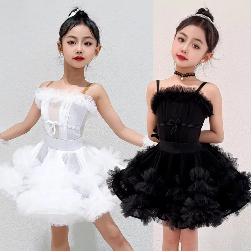 

Kids Latin Dance Competition Dress White Black Latin Dance Performance Clothes Girls Chacha Ballroom Dance Costumes