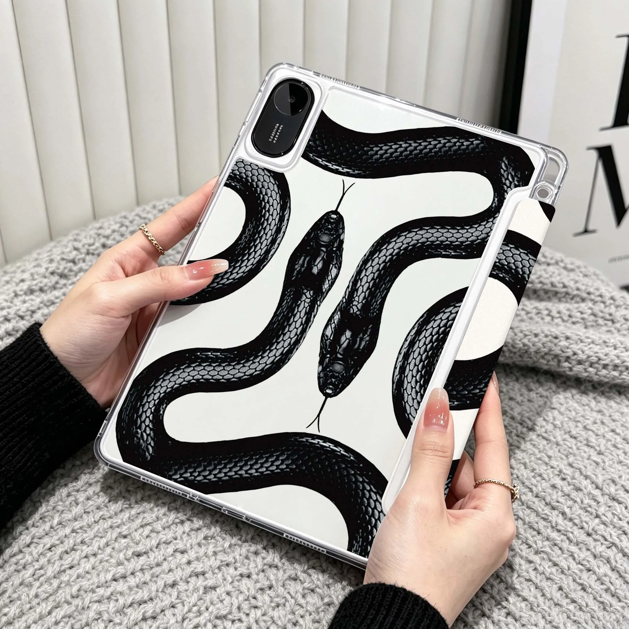 Colorful Snake Pattern Case For Xiaomi Redmi Poco Pad 5 6 7 8 Pro SE 11 11.2 12.1 Inch Transparent Y-Shaped Folding Tablet
