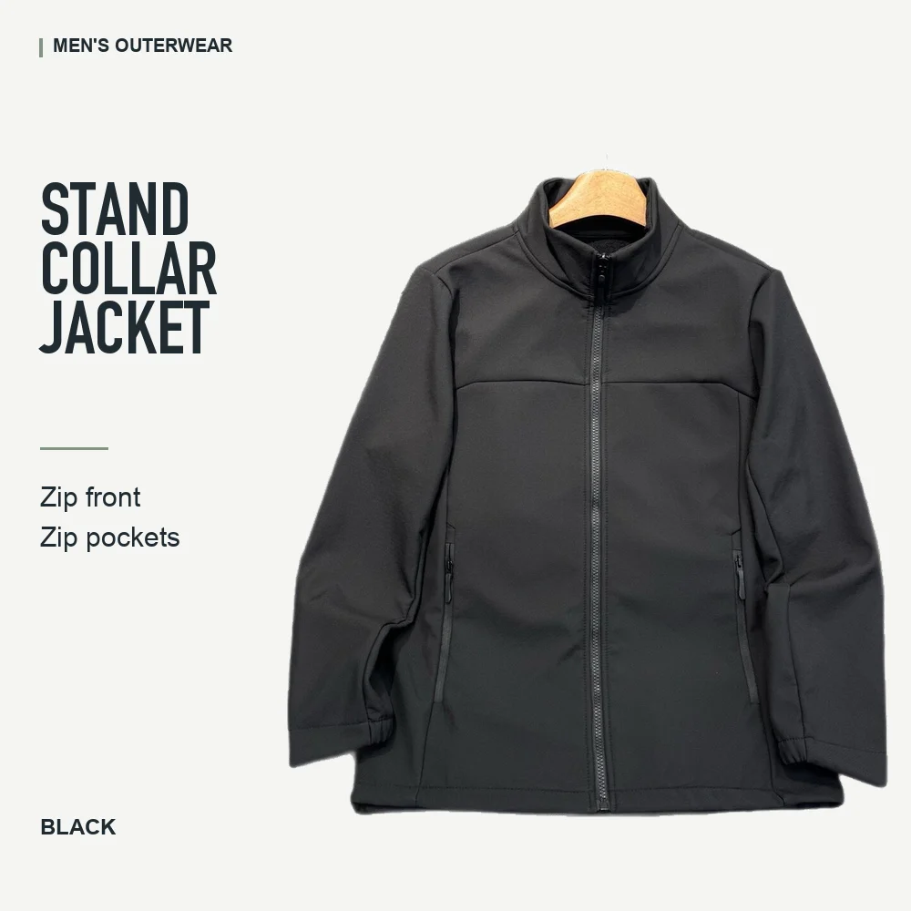 Mens Stand Collar Softshell Jacket Zip Front Warm Lined Casual Outdoor Coat with Zip Pockets for Autumn Winter and Daily Wear