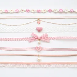 Pink Heart Flower Choker Necklace for Women Lace Gothic Cherry Design Circular Bow Moon Star Ribbon Girl's Accessory