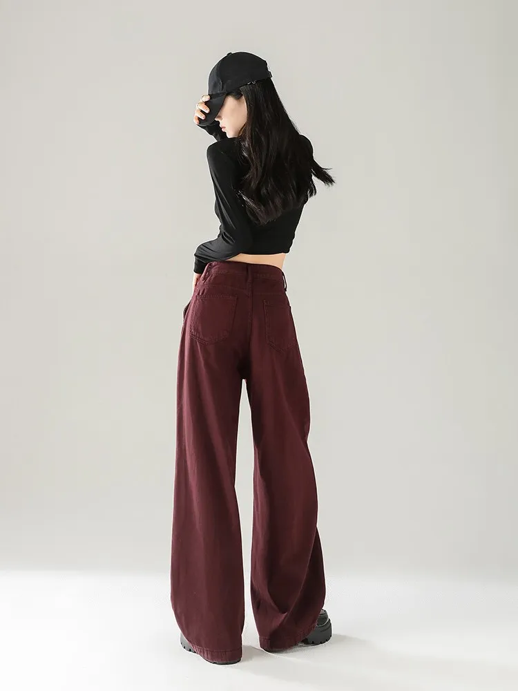 ZHISILAO High Waist Wide Leg Jeans Women Vintage Casual Red Floor Length Denim Pants Streetwear 2024