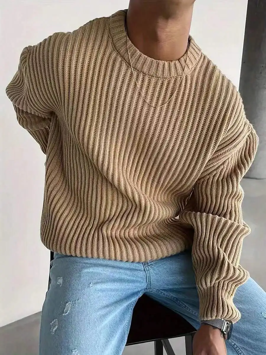 

Men's Beige Ribbed Knit Sweater, Loose Fit Crew Neck Pullover for Autumn Winter