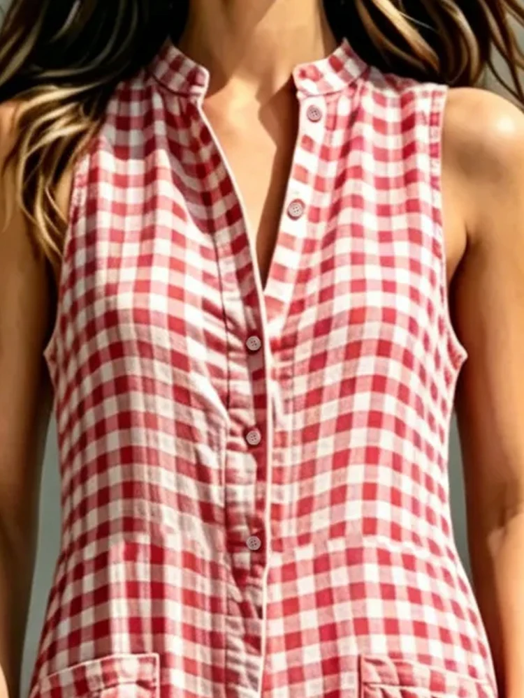 

Women's Fashion Gingham Sleeveless Jumpsuit Stand Collar Button With Pocket Loose Wide Leg Pants Casual Summer One Piece Outfit