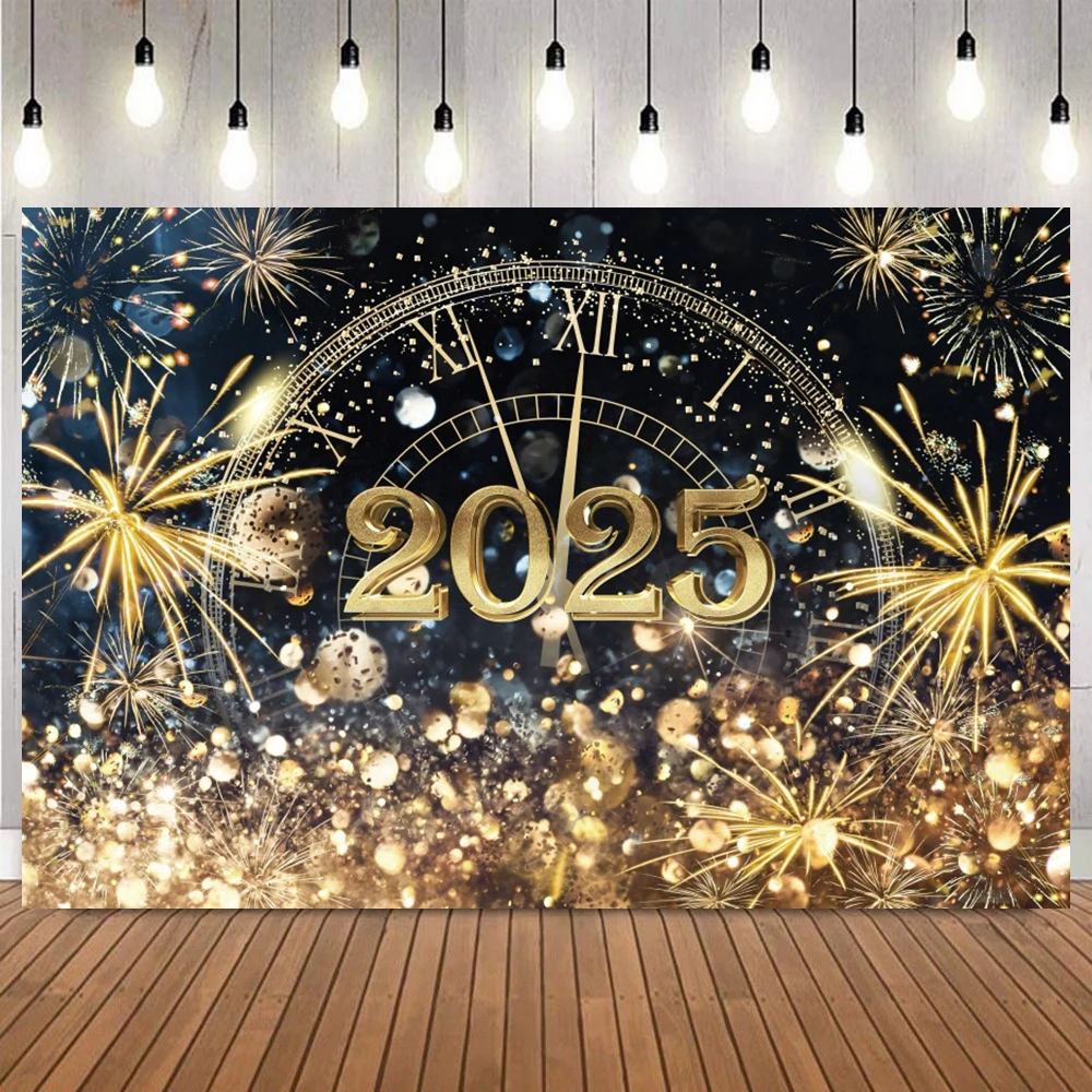 สวัสดีปีใหม่สําหรับ 2025 PARTY ฉากหลังดอกไม้ไฟนาฬิกาแชมเปญทองบอลลูน Home PARTY BANNER Decor การถ่ายภาพพื้นหลัง