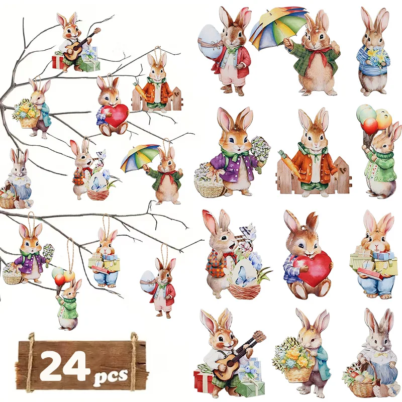 12/24 stücke Cartoon Kaninchen Hängende Ornamente Ostern Party Holz Hase Ei Anhänger Hause Dekoration DIY Handwerk Geschenk Kinder Gefälligkeiten