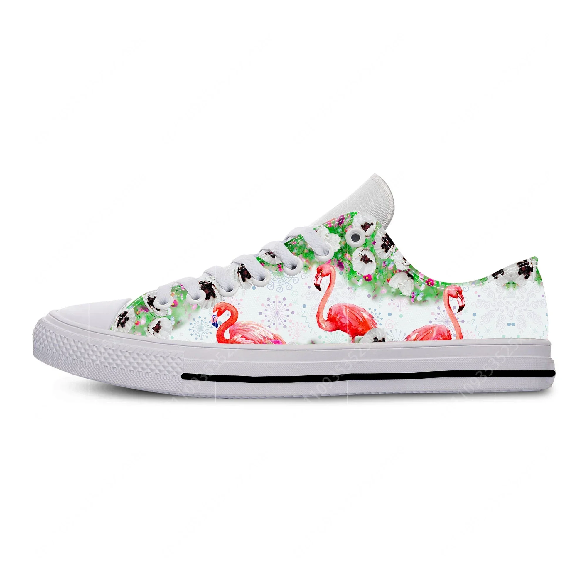 Zapatos de lona de caña baja con estampado 3D de dibujos animados de flamencos, de tela blanca, a la moda, para hombre y mujer, zapatillas ligeras y transpirables