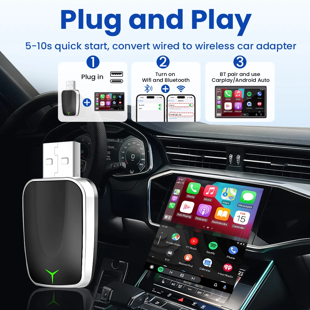 Adattatore Wireless Carplay Android Auto 2in 1 Smart Dongle 2025 5G WIFI Per iphone Telefono Android Per Volvo Benz Mg Chery Toyota VW