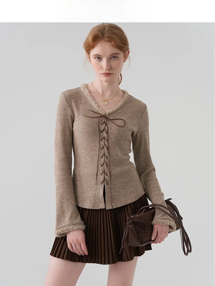 

Женский топ с V-образным вырезом и рукавами-колоколами, с бантом, из мягкой эластичной ткани, повседневный, весенний, от JiuJiu