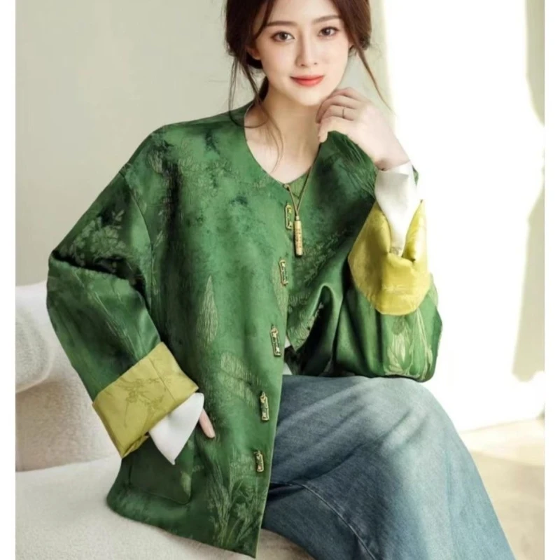 

2025 Spring Fall Women Printed Floral Green Chinese Tang Style Coat , Woman Clothing Vintage Patchwork Loose Coats