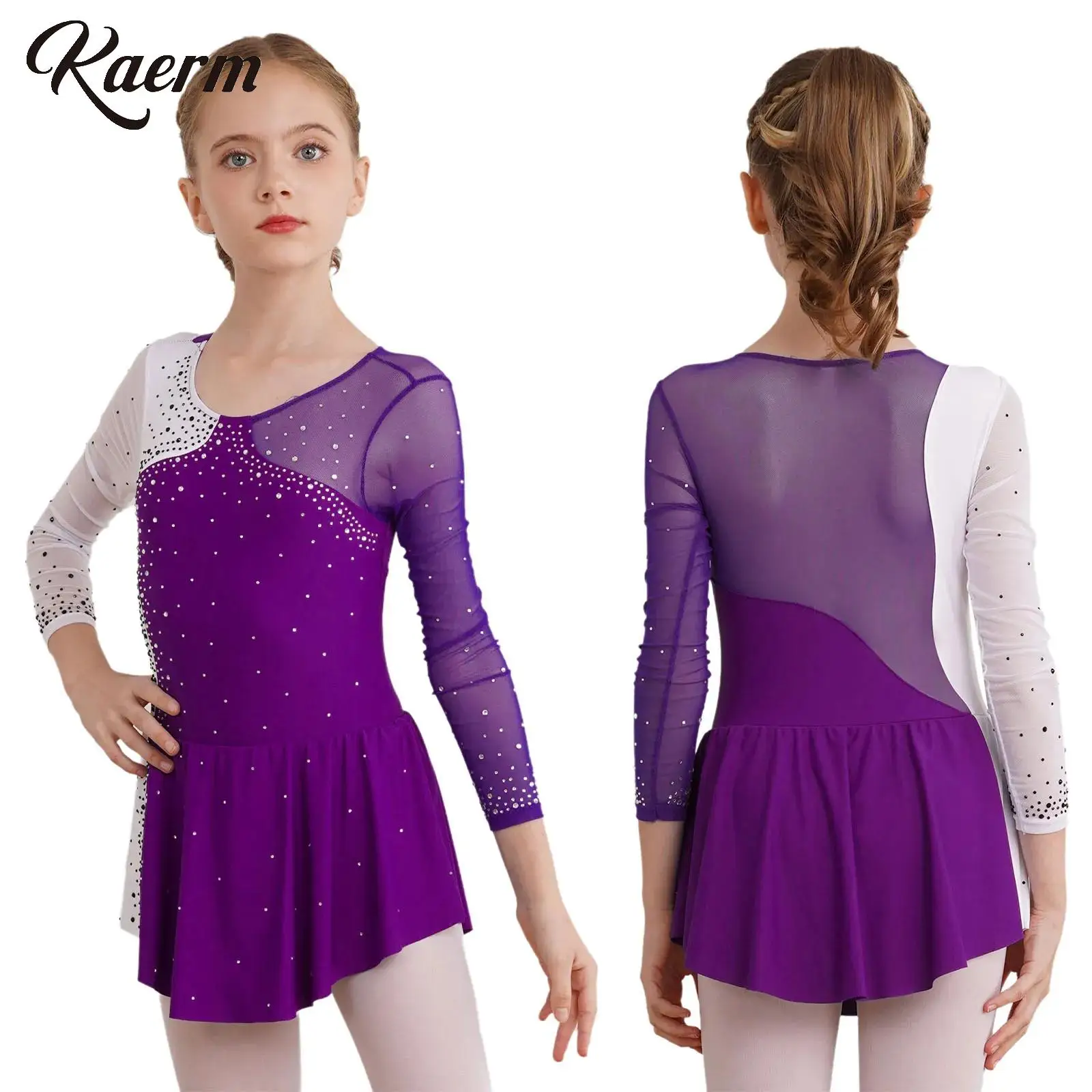 

Kids Girls Ballet Gymnastics Leotard Dress Long Sleeves Lyrical Dance Ballerina Costume with Keyhole Back Stage Costume