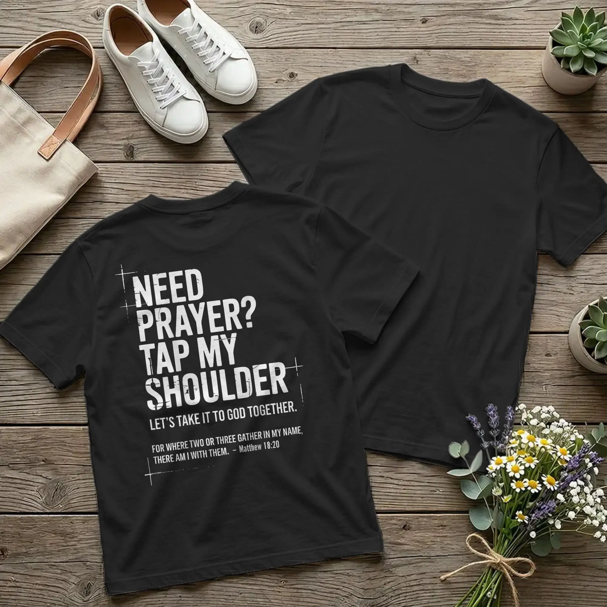 Backprint Need Prayer Tap My Shoulder T Shirt Men 100% Cotton Vintage T-Shirt Crew Neck Bible Verse Christian Tee Shirt Top Gift