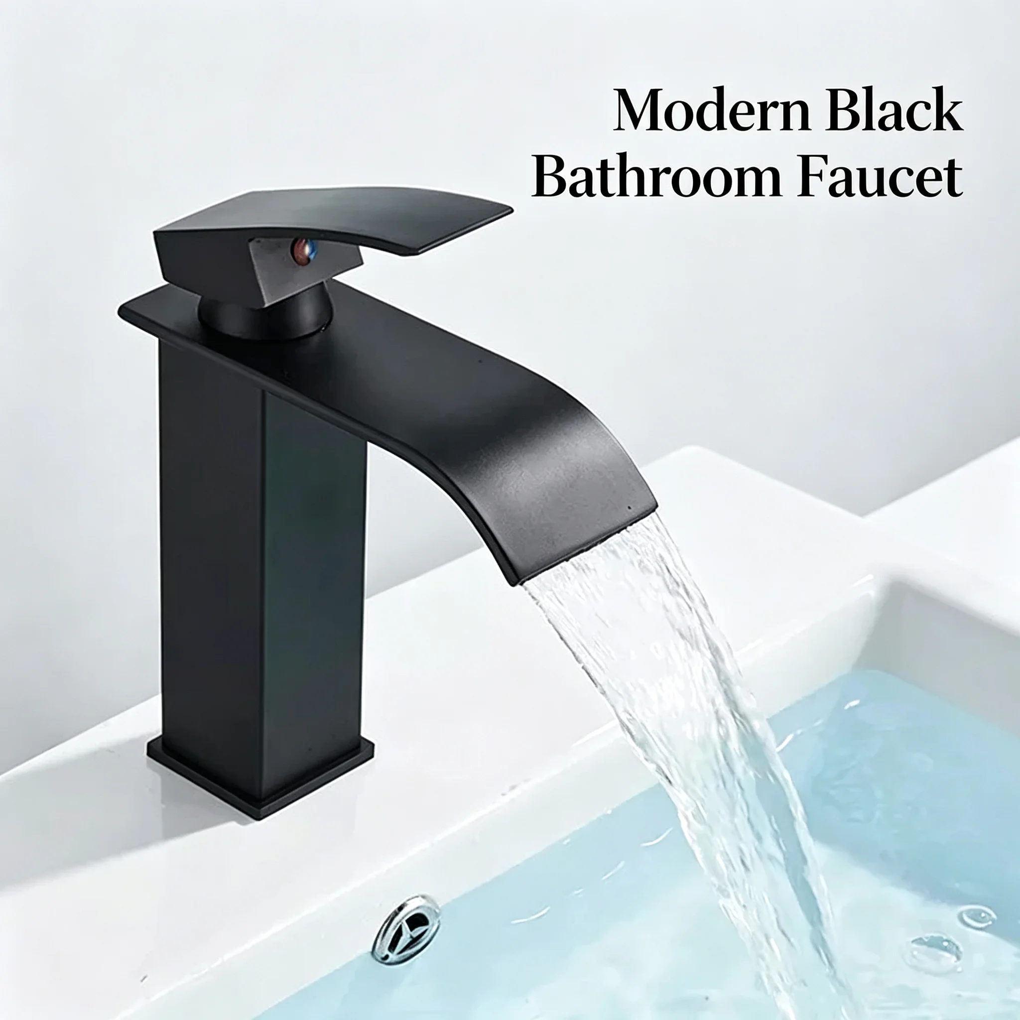 

Matte Black Modern Bathroom Sink Faucet Waterfall Spout Single Lever Mixer Tap Deck Mounted Solid Brass for Vessel Vanity Sinks