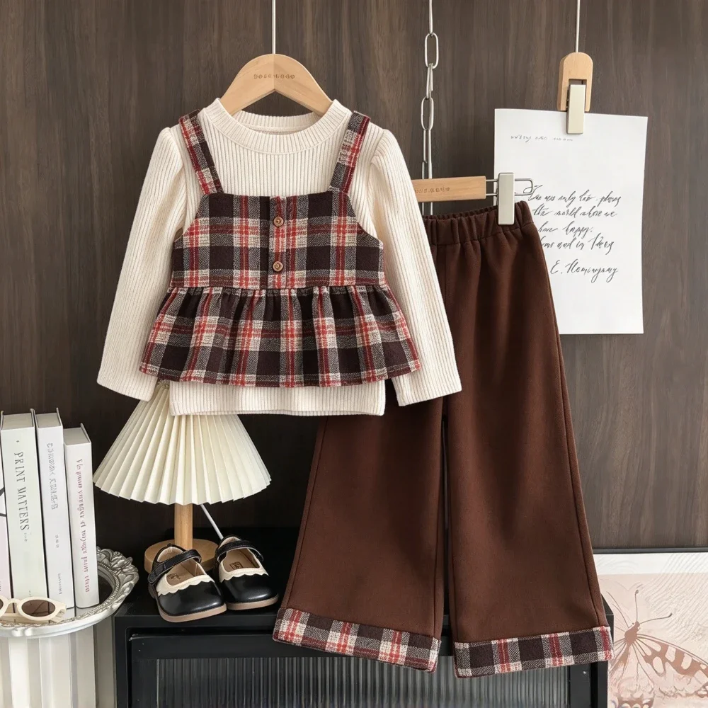 Autumn and Winter New 3 4 5 6 7-year-old Girl's Casual Three Piece Checkered Tank Top+Bottom Shirt+Color Blocked Wide Leg Pants