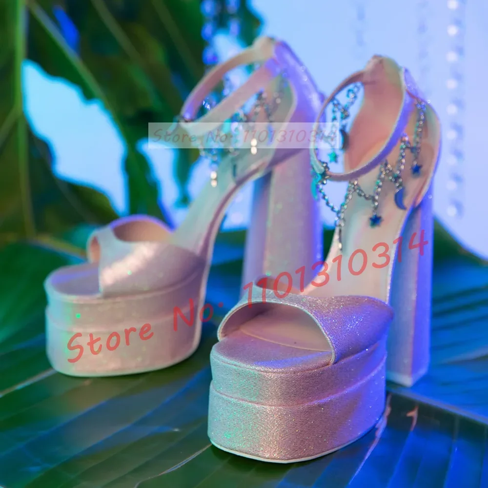 

Pink Glitter Star Chain Double Platform Sandals Women Sweet Luxury High Chunky Heels Girls Party Peep Toe Summer Glossy Shoes