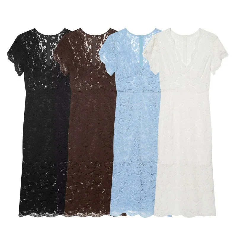 

Dave&Di Women's 2026 Summer New Product Elegant Hollow Short Sleeve V-neck Lace Waist Dress For Women
