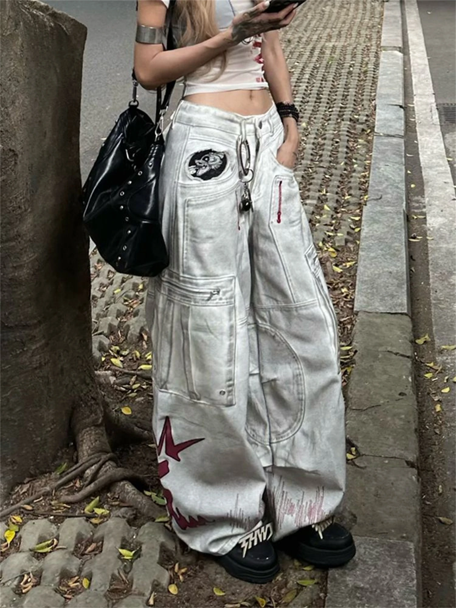 Y2K Women's High Waist Wide Leg Light Gray Washed Jeans Red Graphic Print Multi - Pocket Vintage Punk Streetwear Denim Trousers