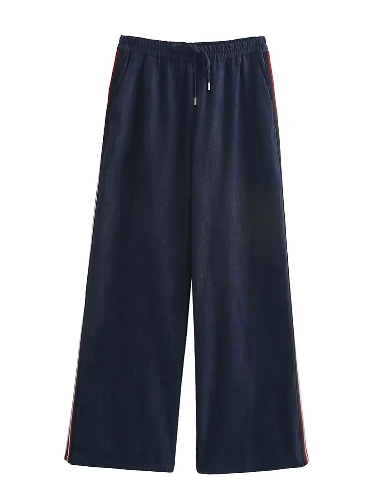 

Willshela Women Fashion Denim Striped Drawstring Wide Leg Pants Vintage Mid Elastic Waist Full Length Female Chic Lady Trousers