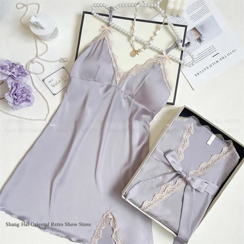 Sexy Lace Twinset Robe Set Suspender Nightdress Lingerie Sleepwear Spring Summer New Sleepwear Nightgown Loose Home Dress Pajama 5