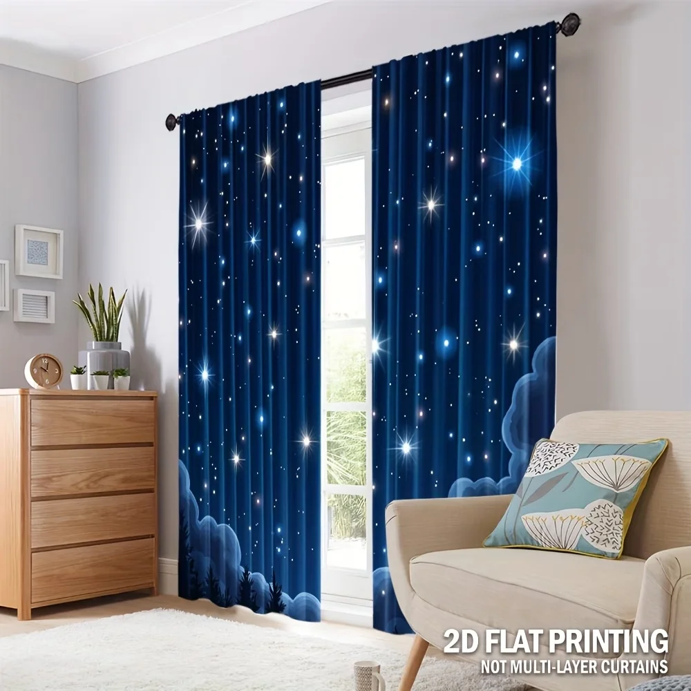 2PCS Digital Printed Curtains, Shining Stars Galaxy Night Sky Cosmic, Window Treatments for Living Room Bedroom Home Decoration